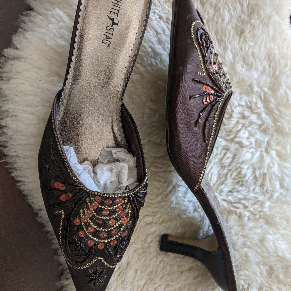 Vintage Beaded Mule by White Stag, brown